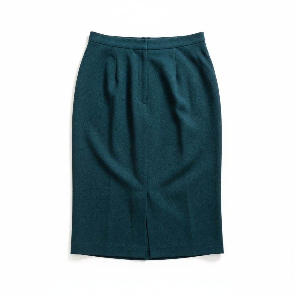 Womens High Waisted Pencil Skirt Dark Teal Midi Length Back Vent Career Wear